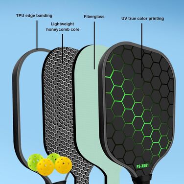 Набір піклболу ракетка зі скловолокна, 4 м'ячі, зелений