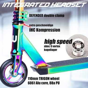 Довгий трюковий скутер Метро Profi StuntScooter, IHC Compression, 6061 T6 Alu, ABEC 9, PEG-cuts, 110 мм колеса mit Alu Core, ЧПУ, Скутер для фрістайлу, Kickscooter Metro full neo chrome