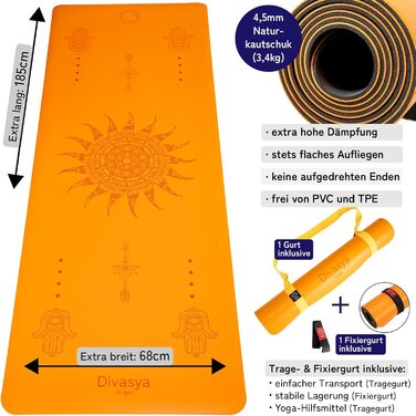 Нековзний килимок для йоги преміум-класу DIVASYA натуральний каучук, що не ковзає, і японська професійна поверхня хвата 185x68x0,45см Ремінь для перенесення Килимок для йоги товщиною 4,5 мм не ковзає Помаранчеве сонце без забруднюючих речовин