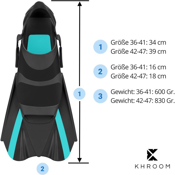 Короткі ласти Khroom для дорослих для снорклінгу розмір 36-47 Регульовані короткі ласти Ласти для підводного плавання виробництва Італії - ласти преміум-класу з сумкою через плече Ласти для плавання (36-41, бірюзовий)