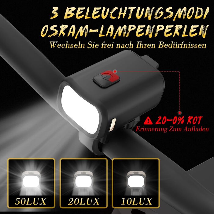 Комплект велосипедних ліхтарів 50 LUX StVZO, LED фара та задній ліхтар, водонепроникні IPX5, USB Type-C, для нічних поїздок