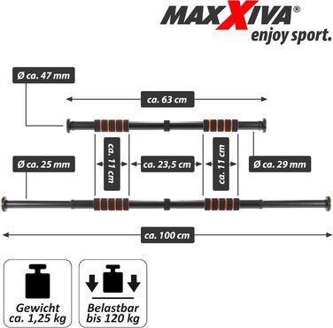 Турнік MAXXIVA для дверної коробки Срібні ручки плавно регульовані 63-100 см для тренувань силові вправи бодібілдинг Горизонтальна планка чорно-помаранчева