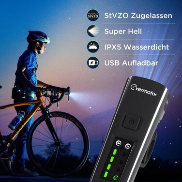 Набір велосипедних LED ліхтарів evermotor: передній і задній, StVZO, USB-C зарядка, довгий час роботи, для дітей і дорослих, аксесуари для велосипеда, 9 годин автономної роботи