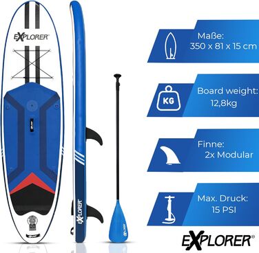 Дошка для веслування EXPLORER SUP Fusion Stand Up до 180 кг Повний комплект з алюмінієвим веслом, рюкзаком, насосом, плавником і набором патчів. (ВІНДСЕРФІНГ 11.6)