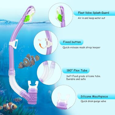 Набір для підводного плавання Kids, Окуляри для дайвінгу Kids Anti-og and Dry Snorkel - Маска для дайвінгу проти протікання Суха трубка Набір для підводного плавання для хлопчиків 4-14 (F, фіолетовий набір)