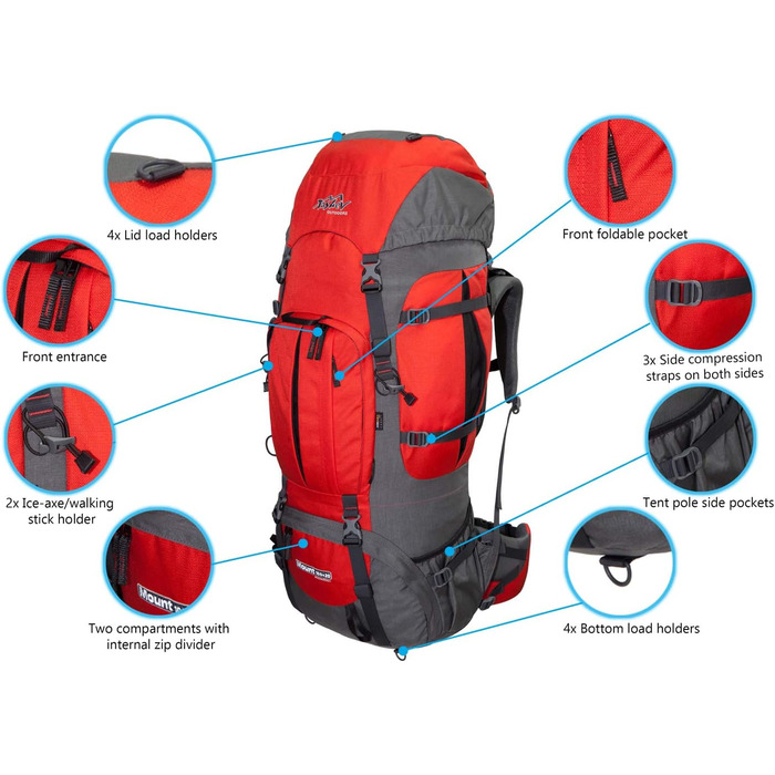 Туристичний рюкзак Tashev Outdoors Mount 100+20 л з дощовиком, фронтальне та верхнє завантаження, для жінок і чоловіків, виготовлений в ЄС