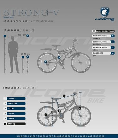 Гірський велосипед Licorne Bike PREMIUM Strong V 24 і 26 дюймів - велосипед для хлопчиків, дівчаток, жінок і чоловіків - 21 швидкісна передача - повна підвіска (чорний/синій/помаранчевий, 24,0 дюйма)