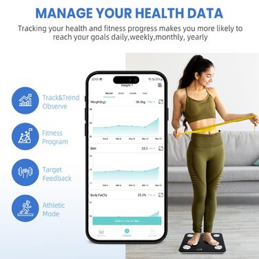 Ваги для ванної кімнати BAGAIL Smart Body Weight, цифрові ваги для ванної кімнати для ІМТ, зважування жиру в організмі, монітор складу тіла, аналізатор здоров'я з додатком для смартфона, 180 кг (S-Black)