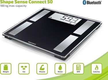 Ваги жиру в організмі Soehnle Shape Sense Connect з Bluetooth, додаток Bathroom Scale plus, шкала аналізу жиру в організмі для BIA Premium Body Analysis, шкала жиру в організмі з додатком і великим РК-дисплеєм (50)