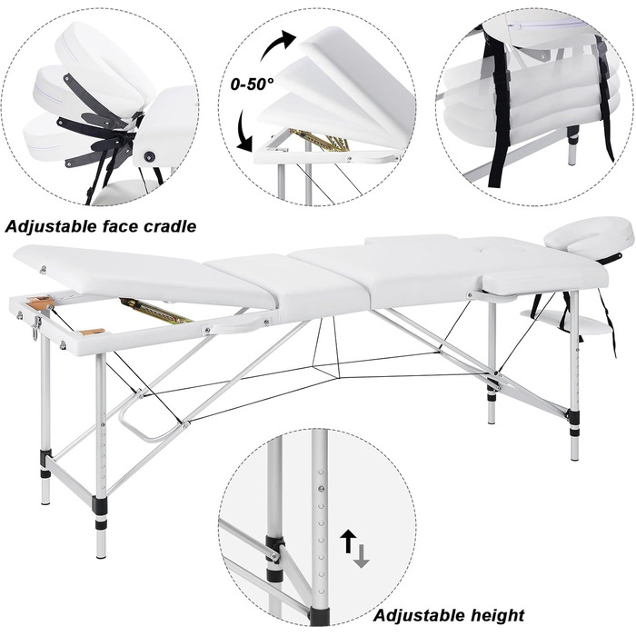 Мобільний масажний стіл VORSCH 3 зони, масажний стіл складний регульований по висоті, портативна масажна лава, косметичний столик, виготовлений з алюмінію, з підлокітниками підголівником, сумка для перенесення підставки для рук, (біла)