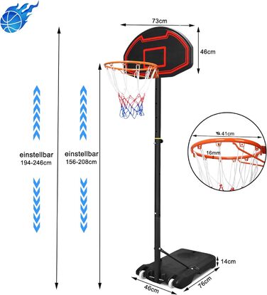 Баскетбольне кільце Froadp Outdoor для дітей Баскетбольна стійка 156-208 см Регульоване по висоті портативне баскетбольне кільце з колесами Базова баскетбольна система з баскетбольними надувними насосами та 2 баскетбольними сітками