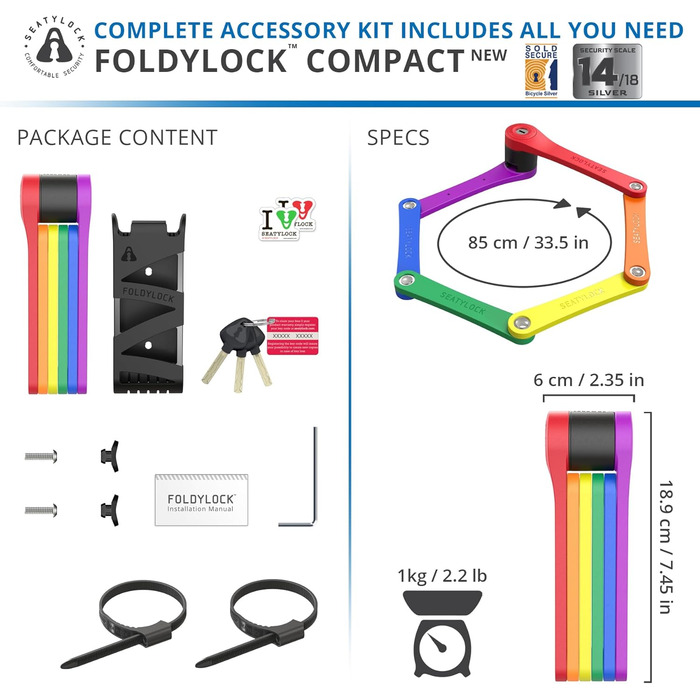 Складаний велосипедний замок FoldyLock Compact 85 см – високий рівень безпеки, з ключем і кріпленням, для електровелосипедів, самокатів та велосипедів