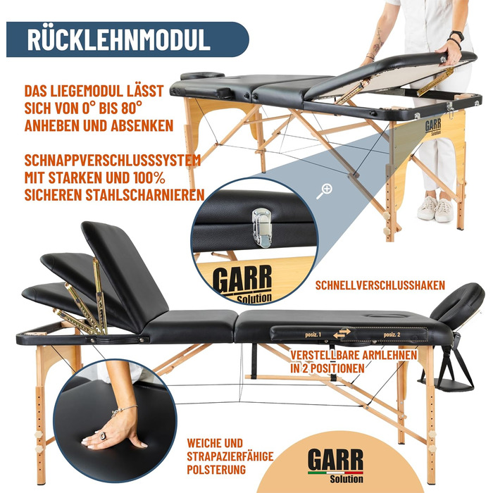 Розкладний дерев'яний масажний стіл GARR Solution портативний і легкий - 185x70 H62/87 см (3 зони, чорний)