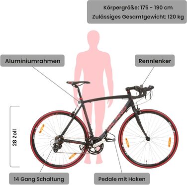 Шосейний велосипед Galano Vuelta STI для жінок та чоловіків від 150 см, 28 дюймів з 14 швидкісними велосипедними передачами Шосейний велосипед, педалі з педальними гачками, шосейний велосипед з вузькими шинами (чорний/червоний, 59 см)