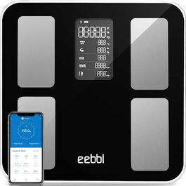 Цифрові ваги для ванної кімнати Bluetooth Шкала складу тіла з додатком Smart Scale для жиру в організмі, ІМТ, м'язової маси, білка, BMR, чорний, 16 індикаторів Додаток Fitdays, частота серцевих скорочень, інше 16 індикаторів організму 2024