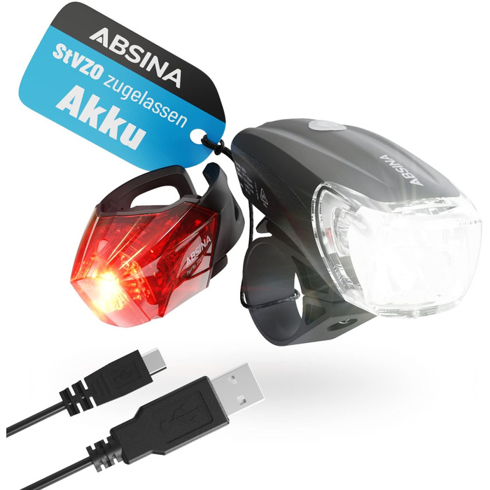Набір велосипедних LED ліхтарів ABSINA, USB-зарядка, 100м, 180 люмен, 50 люкс, передній і задній, StVZO, водонепроникний