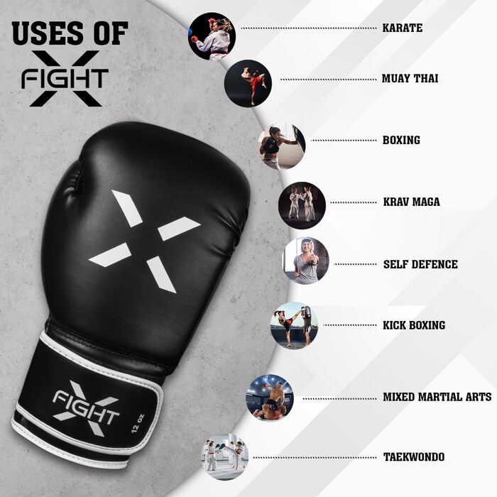 Боксерські рукавички FightX для дорослих, чорні/білі, універсальні для MMA, тренувань, кікбоксингу та спарингів, легкі та міцні для чоловіків і жінок