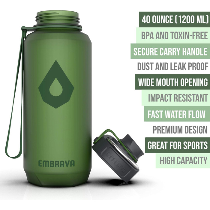 Велика спортивна пляшка Embrava 1,2 л з широким носиком, не протікає, BPA/BPS-free Tritan, для подорожей, спорту, кемпінгу, фітнесу, зелена матова