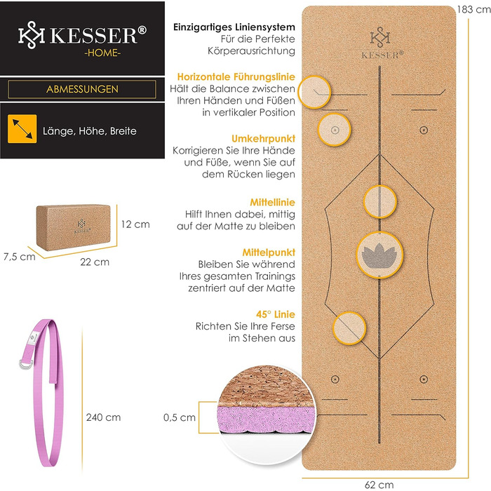 Килимок для йоги KESSER Пробка з ременем та блоком, 183 x 62, нековзний TPE