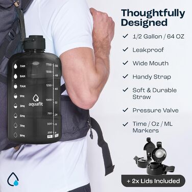 Пляшка для води AQUAFIT 1,8 л з маркуванням часу, трубочкою і кришкою, BPA-free, спортивна пляшка з ручкою