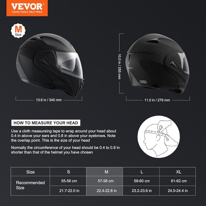 Мотошолом VEVOR без маски, розмір M (57-58 см), ABS-пластик, ECE, з Bluetooth-слотом та змінним склом, для підлітків і дорослих, мотокрос, комфортний