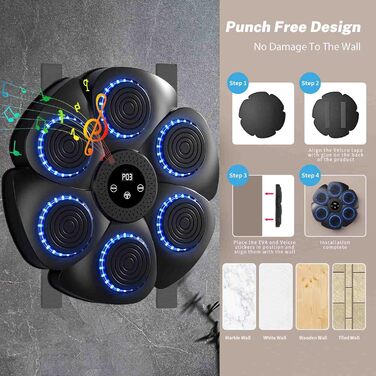 Музична боксерська машина, 2024 новий розумний музичний боксерський автомат Bluetooth з боксерськими рукавичками, настінний боксерський автомат, 9 режимів швидкості та режим підрахунку для дорослих і дітей (білі рукавички)