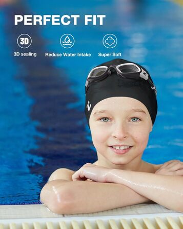 Окуляри для плавання ZIONOR Kids Swim Cap, Окуляри для плавання G1MINI Polarized Anti Fog із захистом від ультрафіолету для дівчаток і хлопчиків (8-14 років) (BlackWhite-Clear-No Polarized, чорна шапочка для плавання)