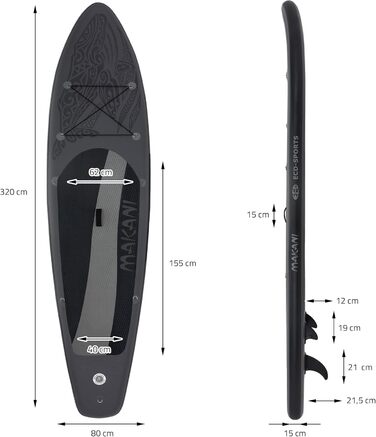 Надувна SUP-дошка ECD Germany Makani 320 см, до 150 кг, з регульованим алюмінієвим веслом і повним комплектом аксесуарів, різні кольори