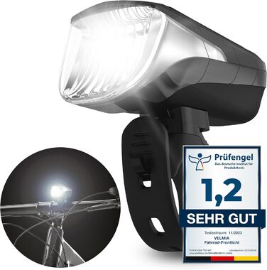 Велосипедна LED фара VELMIA передня, StVZO, USB акумулятор, 8,5 годин роботи, водостійка, чорна