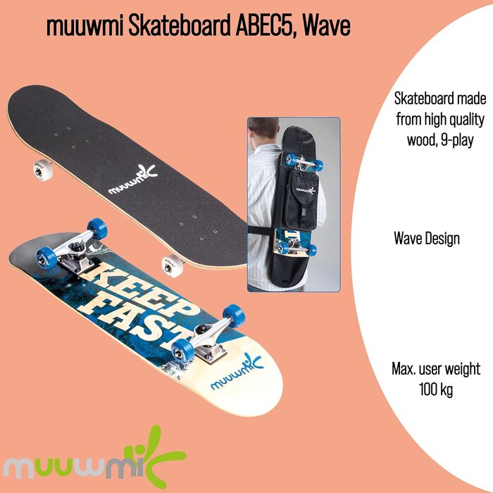 Скейтборд muuwmi ABEC 5, унісекс, Wave-Design, з рюкзаком