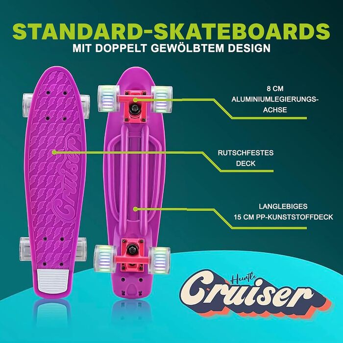 Скейтборд Hurtle Mini Cruiser для дітей та дорослих, пенні-борд з LED колесами, антиковзке покриття, для початківців і досвідчених, до 100 кг