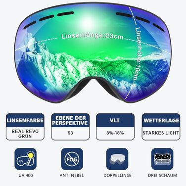 Гірськолижні окуляри GlaRid для чоловіків та жінок, OTG Ski Goggles Безкаркасні окуляри для сноуборду для тих, хто носить окуляри, Снігові насадки для дорослих Захист від запотівання 100 UV400 зелений