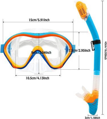 Набір трубок для дітей з ластами, панорамні окуляри для дайвінгу 180 проти запотівання дитячі, регульовані ласти, високоякісна маска для дайвінгу та трубка з сухим верхом для плавання (синій та помаранчевий)
