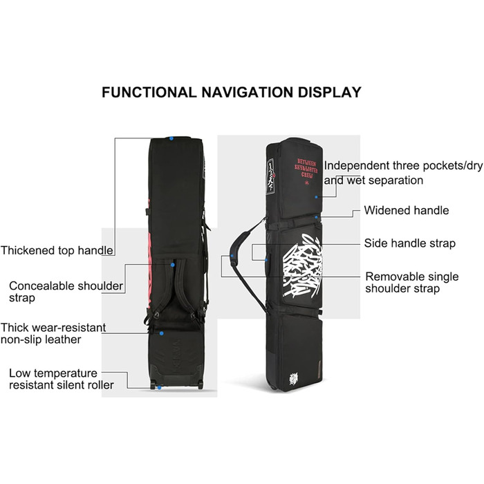 Сумка для сноуборду JHKGY з колесами, Дорожня сумка для сноуборду, Одинарна/подвійна сумка для сноуборду для подорожей аеропортом, Водонепроникна сумка для скутера, Сумка для роликових лиж для унісекс чорна D 1523618 см