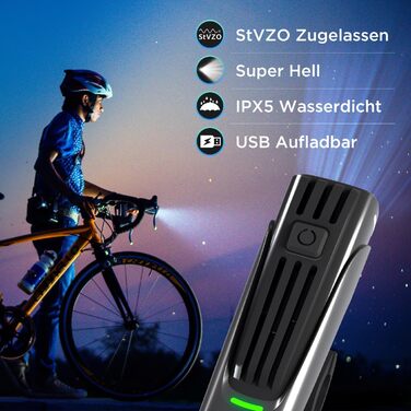 Evermotor LED велосипедний ліхтар комплект StVZO, переднє і заднє світло, USB-C зарядка, велосипедне освітлення для дітей і дорослих, довгий час роботи, аксесуари для гірського велосипеда