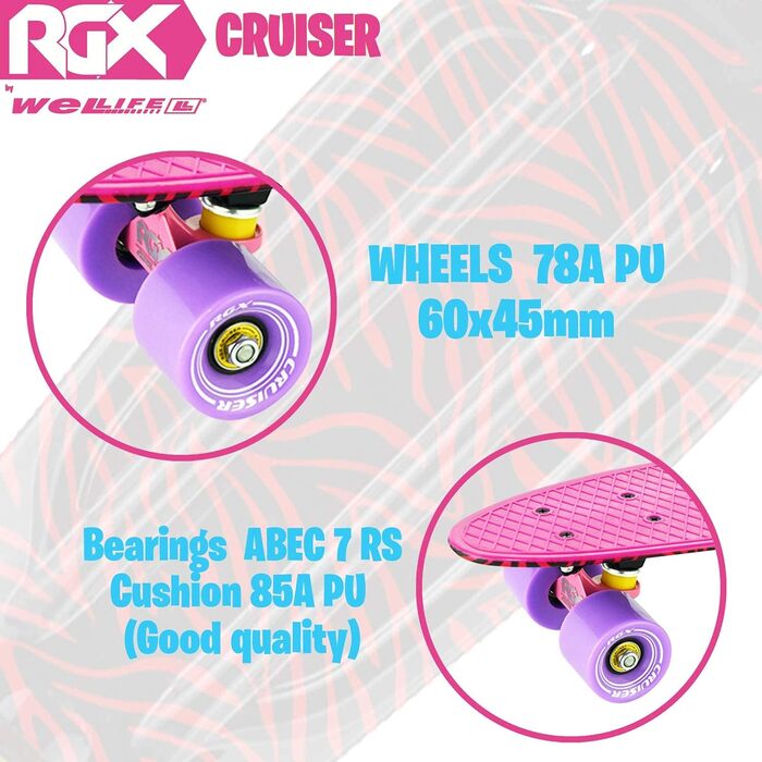 Скейтборд WeLLIFE Mini Cruiser RGX Рожевий 22 для підлітків, 78A PU, ABEC-7RS