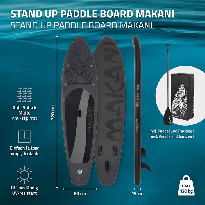 Надувна SUP-дошка ECD Germany Makani 320 см, до 150 кг, з регульованим алюмінієвим веслом і повним комплектом аксесуарів, різні кольори