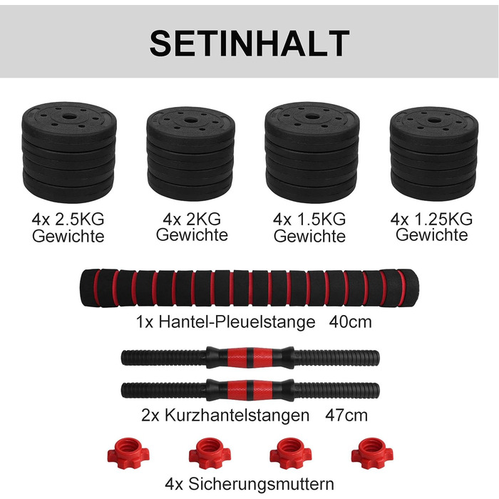 Набір гантелей Wuuhoo Arni, Набір з 2 гантелей 27 мм, Гантелі та штанга з обтяженнями від 10 кг до 40 кг, Extra Long Connecting Bar - пластикове обладнання для дому (d) 30 кг