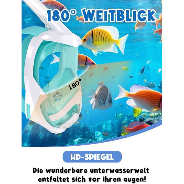 Маска для підводного плавання Vitare для дорослих і дітей, маска для дайвінгу на все обличчя, повна маска для обличчя з полем зору 180, безпечний набір трубок CO2 із затискачем для камери, складний засіб проти запотівання L/XL S/M (зеленийбілий, S/M)