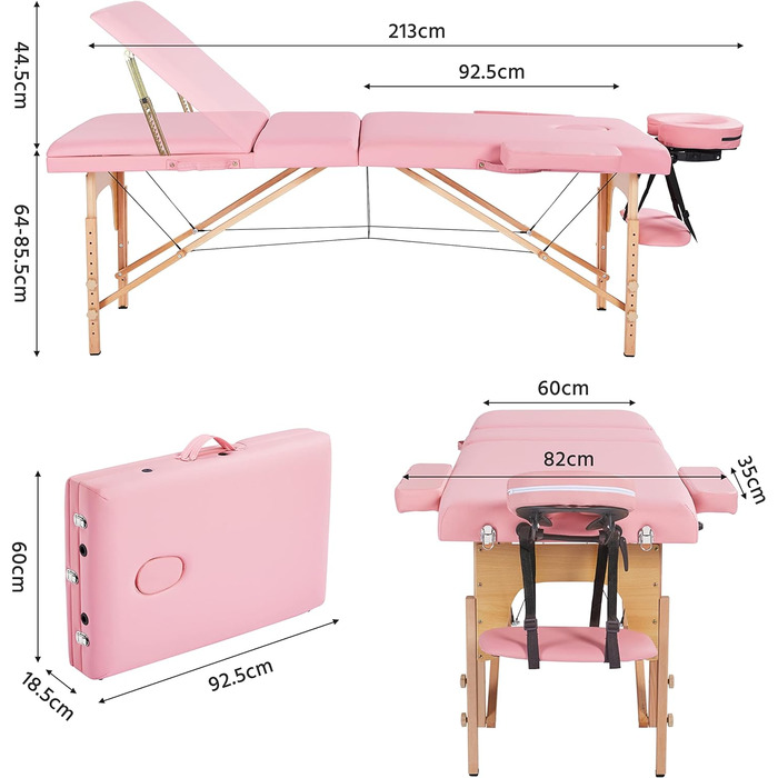 Зонний масажний стіл Yaheetech Портативна масажна лава з регульованим по висоті масажним столом з підголівником і знімними підлокітниками для фізіотерапії, (світло-рожевий), 3-