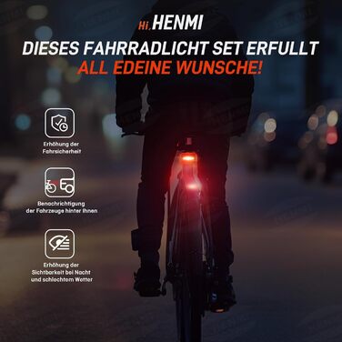 HENMI LED велосипедні фари комплект, USB зарядка, передня і задня фара для велосипеда, StVZO, водонепроникні IPX5