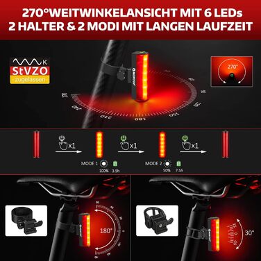 Комплект велосипедних LED ліхтарів StVZO з USB акумулятором, передня та задня фара, велосипедне світло для дітей і дорослих, водонепроникне, сертифіковане