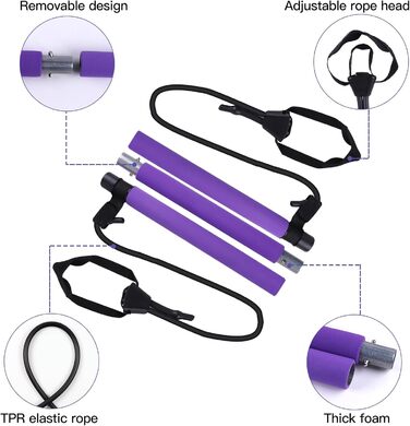 Палиця для пілатесу Складна палиця для пілатесу Натяжна мотузка Регульована гнучкість йоги Сила рук Вправа для талії та ніг (3 частини фіолетові)