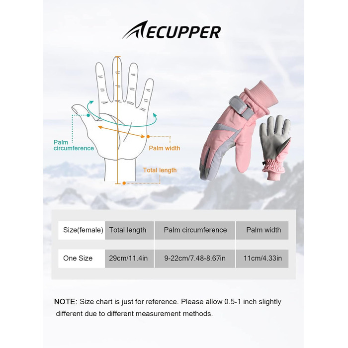Зимові рукавички Вітрозахисні водонепроникні лижні рукавички для жінок і чоловіків з теплою м'якою підкладкою рожеві - 29,5 см (L)