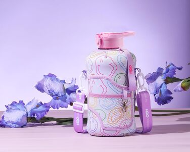 Пляшка для води H2O Capsule 2.2 л з чохлом і соломинкою, BPA-free, велика багаторазова фіолетова пляшка з ручкою та усмішкою
