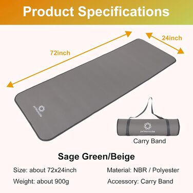 Килимок для йоги та фітнесу Primasole 1/2'', з ременем і чохлом, 183x61 см, для дому і спортзалу