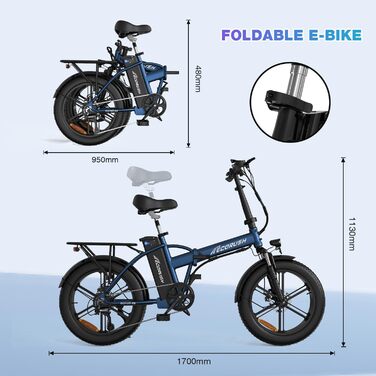 Велосипед складаний ECORUSH E-Bike 20 товста шина 250Вт/48В/15Ач, синій