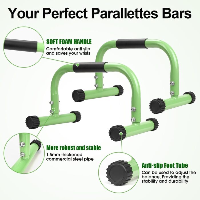 Паралетки KingMile, стійка на руках Barrenm, великі штанги для віджимання та занурення, нековзні ручки для віджимань, обладнання для гімнастики для внутрішнього та зовнішнього використання, підходить для домашнього фітнесу та віджимань (зелений)