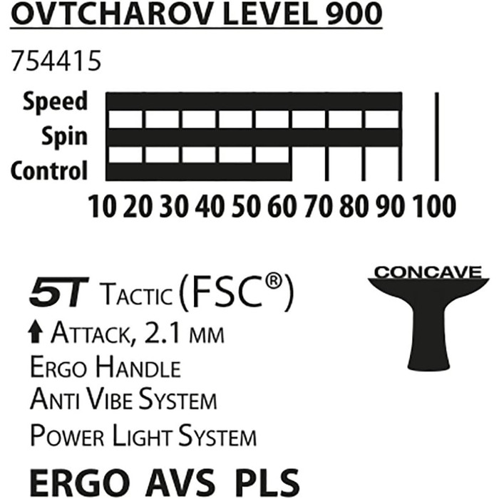 Ракетка для настільного тенісу Donic-Schildkrt Ovtcharov 900 FSC, AVS, PLS & Ergo Grip, губка 2,1 мм, FSC дерево, Spinmax - гума ITTF, 754415 One size