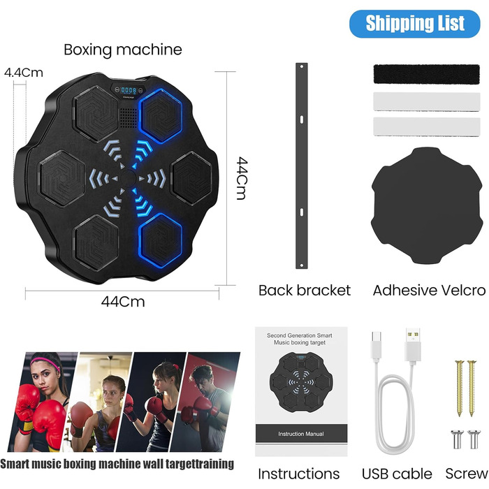Музичний боксерський автомат Розумне електронне обладнання для тренування боксу Настінна світлодіодна мішень для боксу для дорослих і дітей, підтримка Bluetooth, налаштування швидкості, підрахунок калорій, режим хронометражу